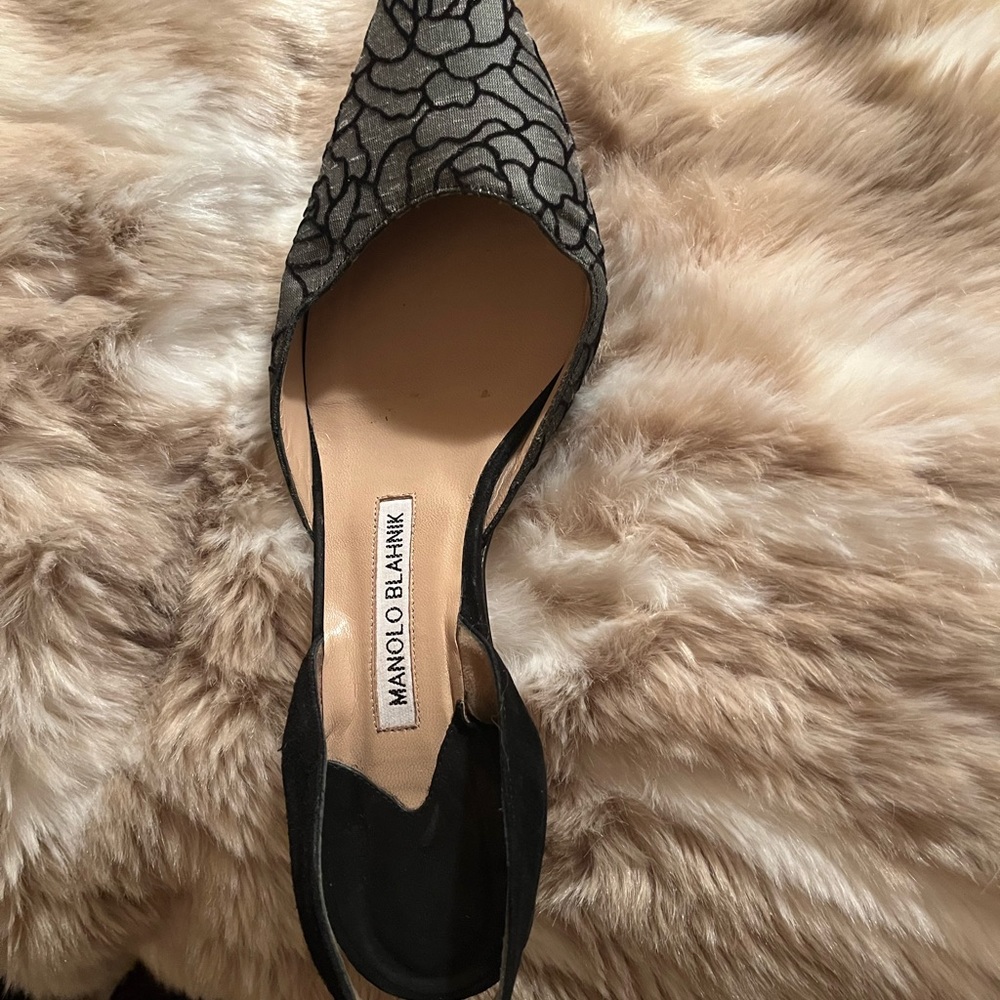 Manolo Blahnik Carolyne black suede and grey silk slingback pumps.